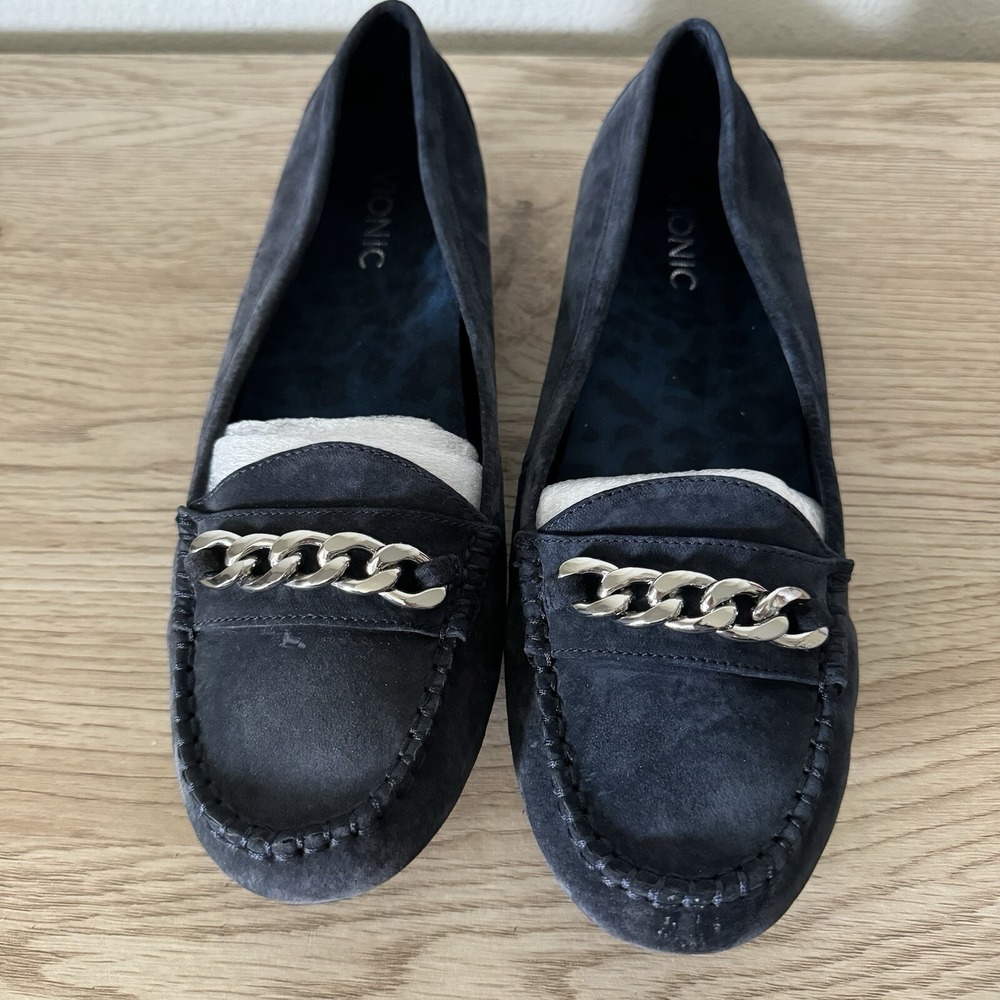 Vionic Mesa Navy Blue Suede Slip On Comfort Loafers Chain Womens‎ Size 9.5 Wide